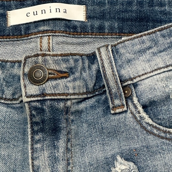 EUC Eunina High Rise Cut Off Shortie Raw Hem Fringed Stars Patches Micro Mini - Picture 5 of 7